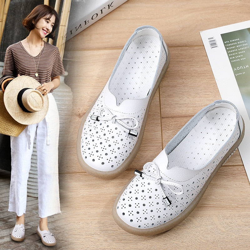 GKTINOO 2021 Genuine Leather Shoes Hollow Out Women Ballet Flats Summer Women's Solid Soft bottom Shoes Woman Slip On Loafers