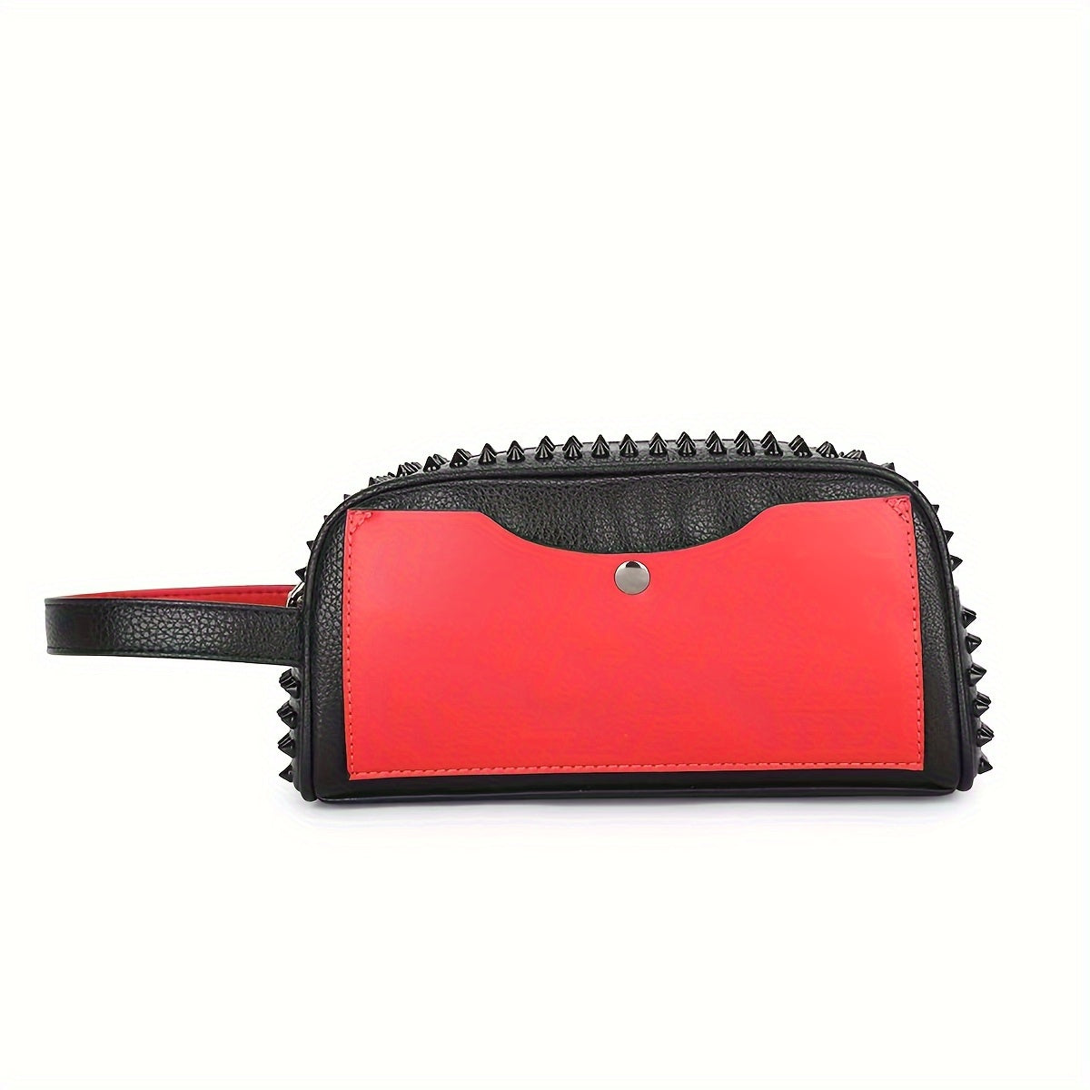 Vibrant Red and Black Rivet Decorated Wristlet Clutch Handbag - Studded PU Leather with Zipper Closure, Polyester Lining, and Chic Design - Perfect for Women's Night Out or Daily Use