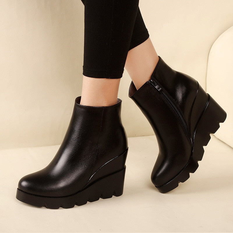 2021 autumn winter soft leather platform high heels girl wedges ankle boots shoes for woman fashion boots women Size 34-40