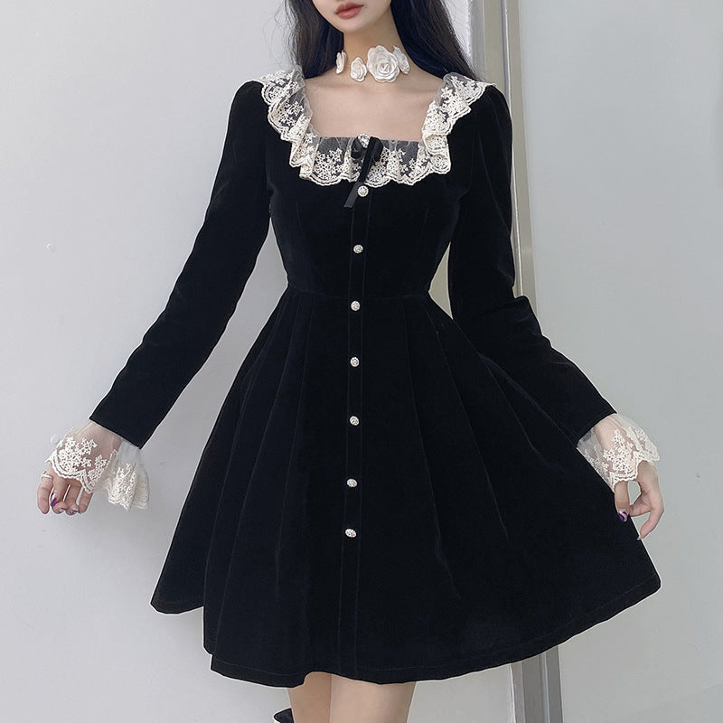 nvxiot-Women Summer Sexy y2k Fairy Dress Casual Loose Dress Elegant Square Neck High Waist Long Sleeve Velvet Dress