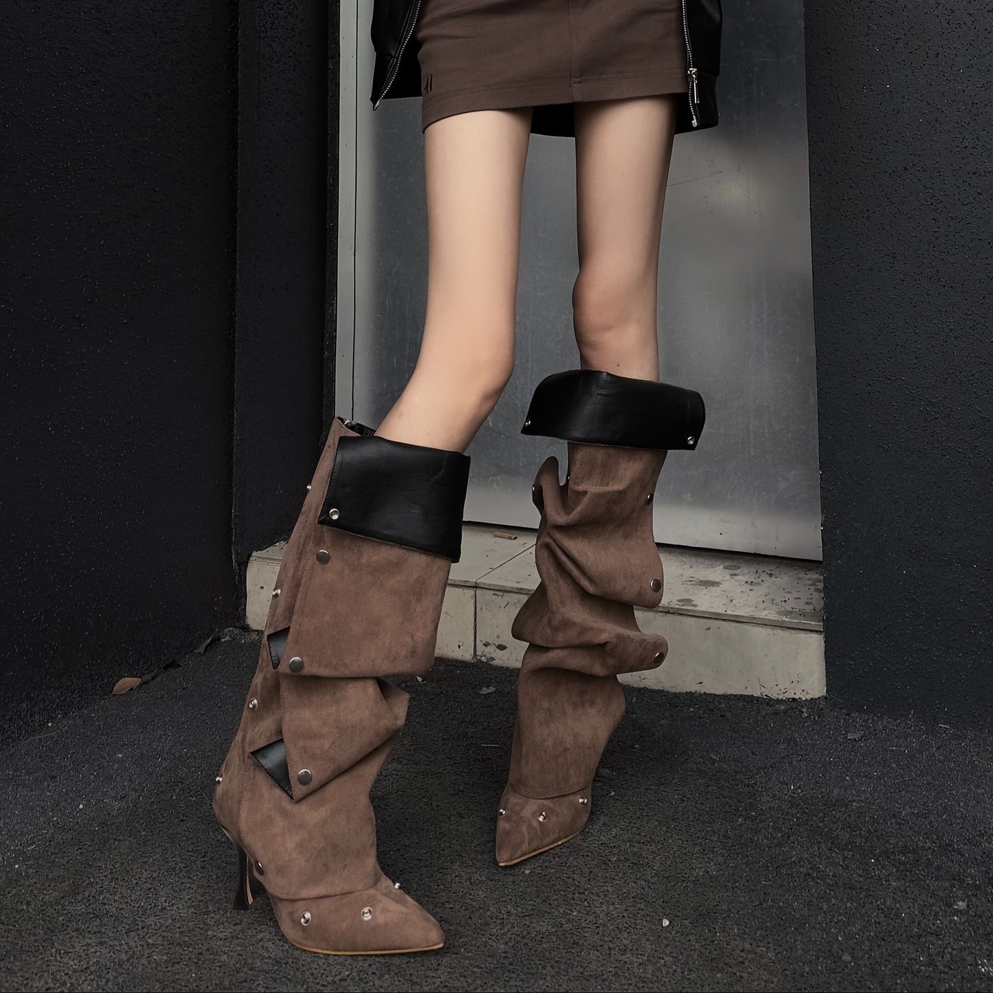 Womens Trendy Slouchy Stiletto Boots - Pointed Toe High Heels with Detachable Zipper - Rear Entry Party & Jeans Companion