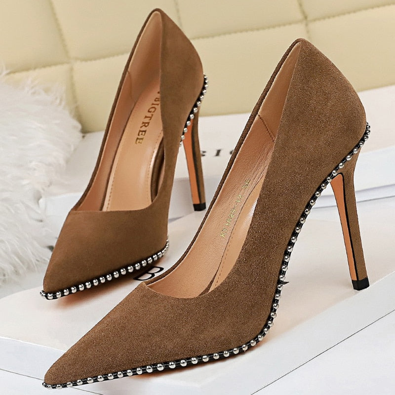 BIGTREE Shoes Rivet Woman Pumps 2021 New High Heels Stiletto Pu Leather Women Heels Sexy Party Shoes Female Heel Plus Size 43