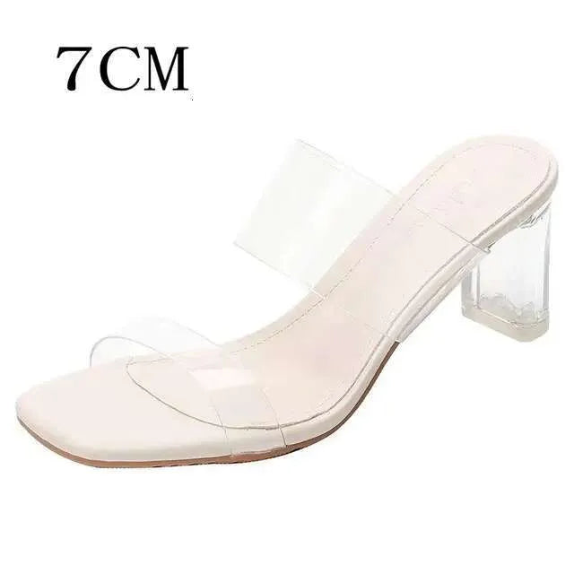 New Fashion High Transparent Sandals Women's Summer Chunky Heels Crystal Slippers Outside Wear Kq8