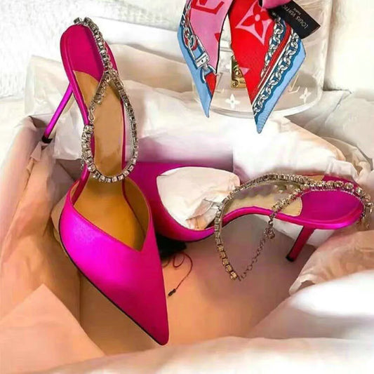 Baotou Sandals Women's  Summer New Rhinestone Ankle High Heels Pointed Toe Stiletto Banquet Shoes Party Pumps Kq8