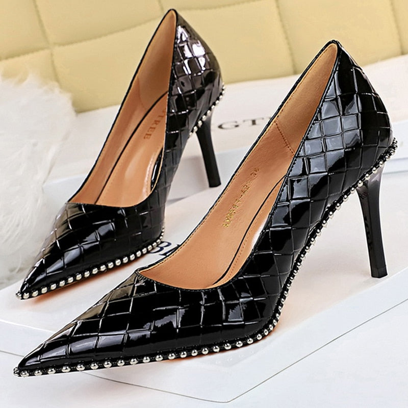 BIGTREE Shoes Quality High Heels Women Pumps Rivet Metal Chain Women Heels Stiletto 2022 Luxury Banquet Shoes Pumps Female Shoes