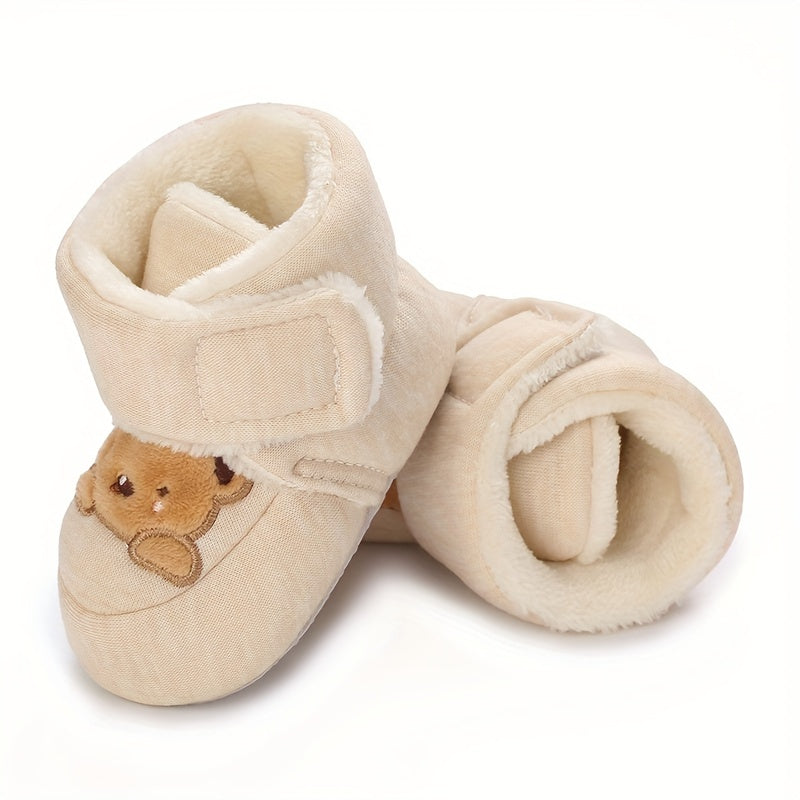 Ankle-High Crib Shoes for Baby Girls - Soft, Warm, Fleece-Lined, Hook-and-Loop Fastener, Round Toe, Platform Heel, Fabric Upper, Indoor Walking Boots for Fall and Winter Season