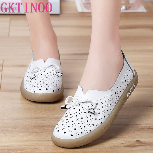 GKTINOO 2021 Genuine Leather Shoes Hollow Out Women Ballet Flats Summer Women's Solid Soft bottom Shoes Woman Slip On Loafers