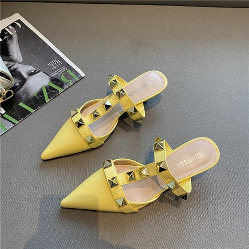 2021 New Rivet Pointed Thin Heel Baotou Half Slipper Female Middle Heel Shallow Mouth Lazy Mueller Shoes