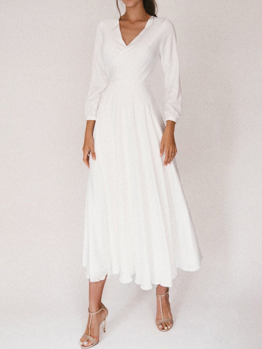 nvxiot White retro V-neck long sleeve dress