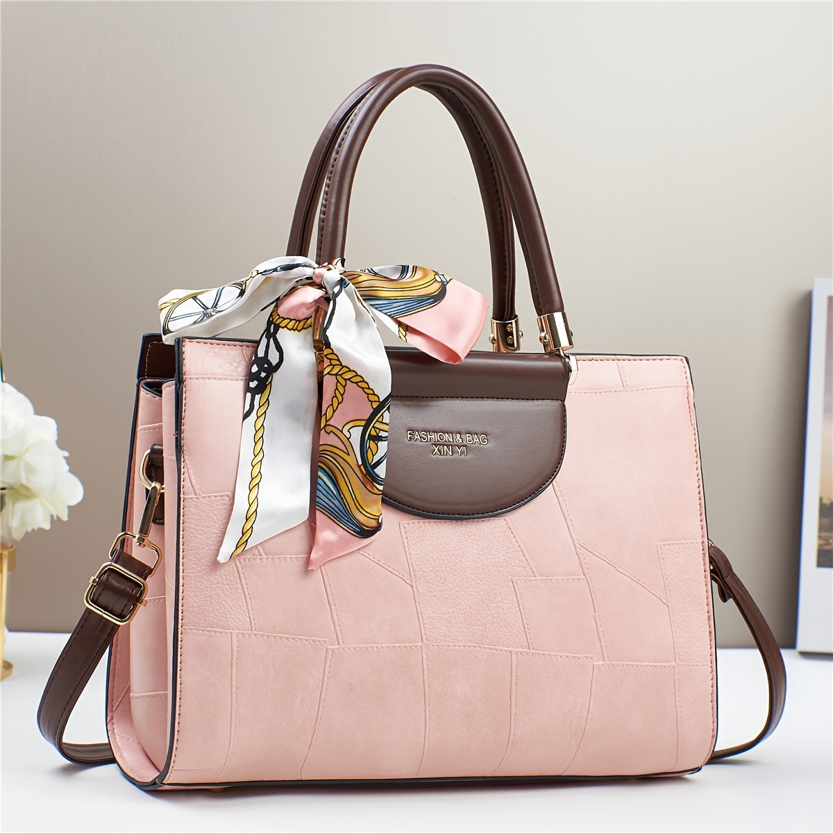 Elegant Plaid Tote Bag for Women with Removable Strap, PU Leather Fashion Shoulder Handbag with Zipper Closure, Polyester Lined Scarf Adorned Commuter Bag from Taizhou Production Area