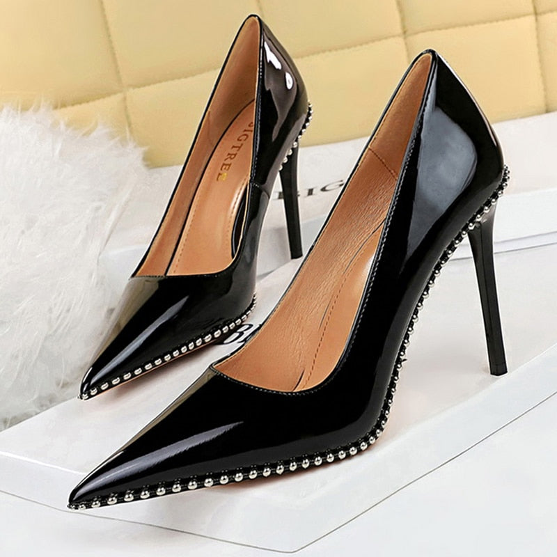 BIGTREE Shoes Quality High Heels Women Pumps Rivet Metal Chain Women Heels Stiletto 2022 Luxury Banquet Shoes Pumps Female Shoes