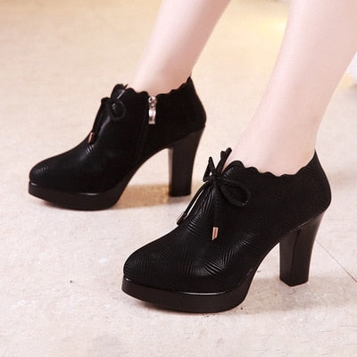 GKTINOO Plus Size 33-43 Block Heel Deep Mouth Platform Pumps Women Shoes 2021 Black High Heels Shoes Ladies Leather Shoe Office