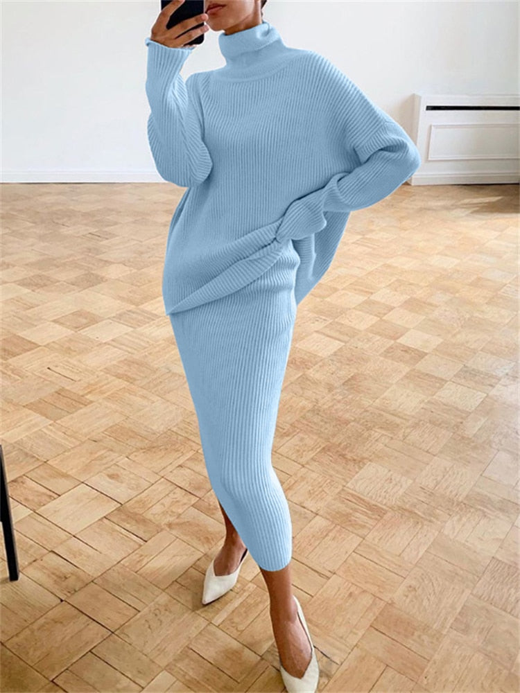 nvxiot   Ribbed Knit 2 Piece Dress Set Outfits Ladies  Knitwear Top And Midi Skirt Sets For Women Casual Winter Sweater Sets 2024