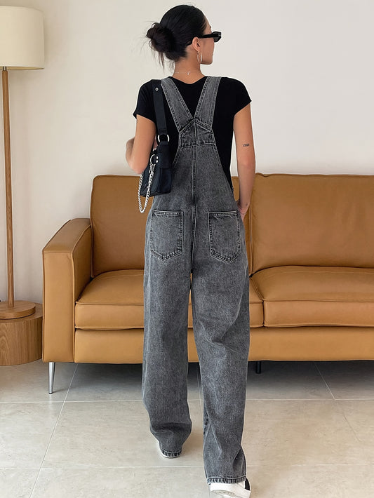 Flap Pocket Wide Leg Denim Overalls, Adjustable Strap Clasp Street Style Washed Denim Jumpsuits, Women's Denim Jeans & Clothing