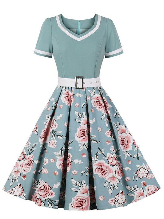 nvxiot 1950s Floral Patchwork Swing Dress