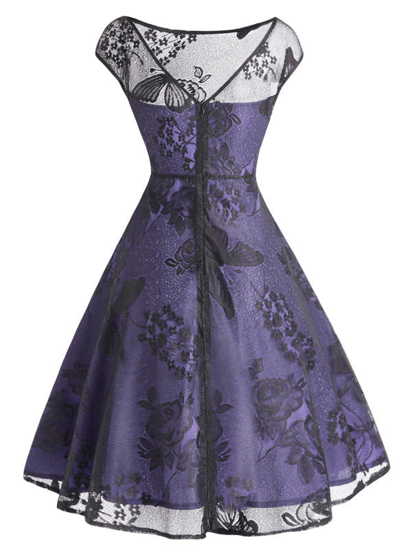 nvxiot Purple 1950s Mesh Floral Swing Dress