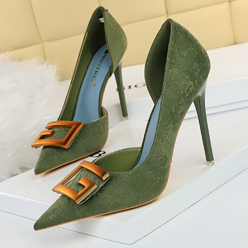 BIGTREE Shoes Red Green Black Woman Pumps Metal Square Buckle Women Heels Sexy Banquet Shoes Pointed Toe Stiletto Plus Size 43