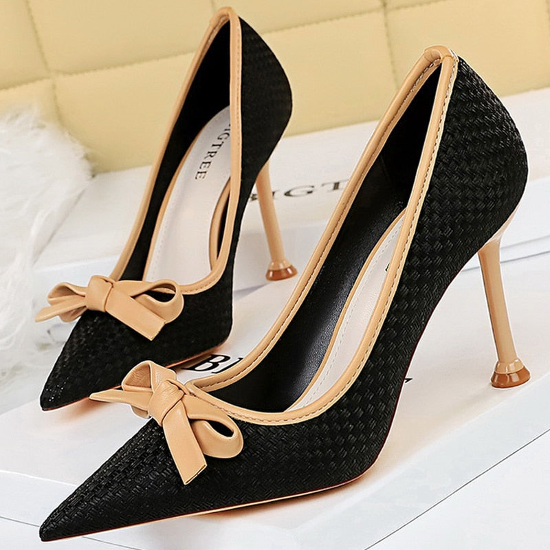 BIGTREE Shoes New Bowknot Woman Pumps Pointed Toe High Heels Designer Shoes Weave Stiletto Heels Female Shoes Fashion Footwear