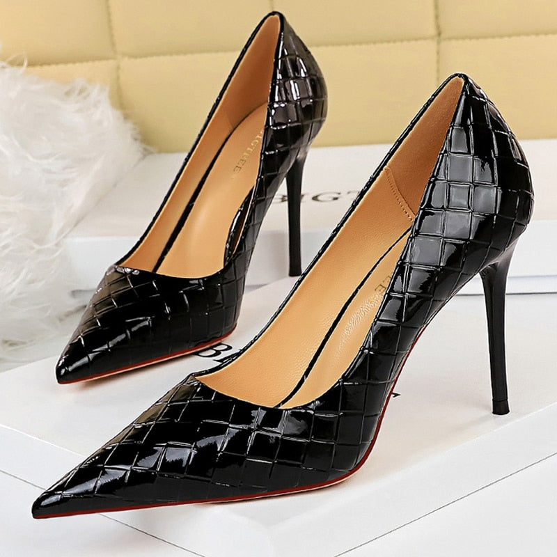 BIGTREE Shoes Patent Leather Woman Pumps 2022 New Designer Shoes Weave Pattern Fine High Heels Stiletto Heeled Shoes Party Shoes