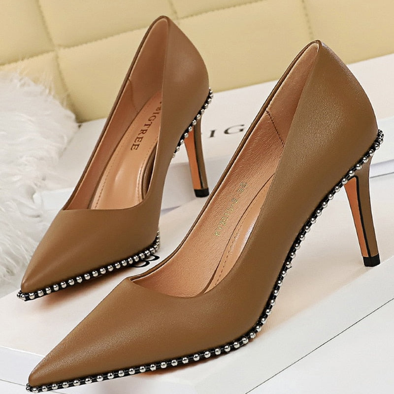 BIGTREE Shoes Rivet Woman Pumps 2021 New High Heels Stiletto Pu Leather Women Heels Sexy Party Shoes Female Heel Plus Size 43