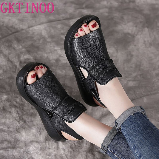 GKTINOO 2021 Summer Shoes Thick Bottom Flat Platform Sandals For Women Genuine Cow Leather Fashion Wedges Peep Toe Women Sandals