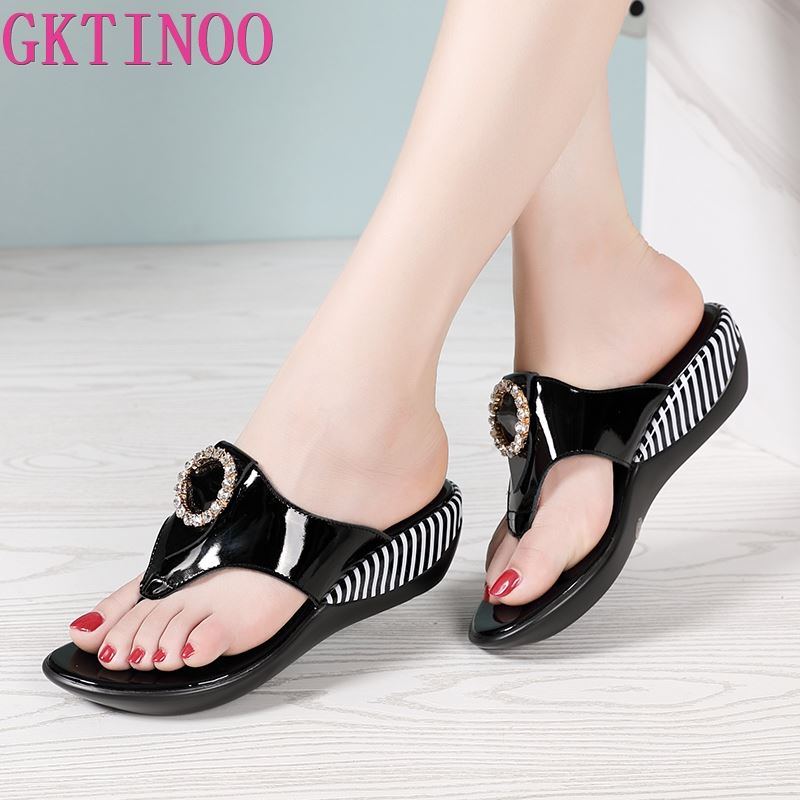 GKTINOO Women Shoes Summer Genuine Leather Beach Sandals Wedge Platform Slippers Flip Flops For Women Platform Slippers