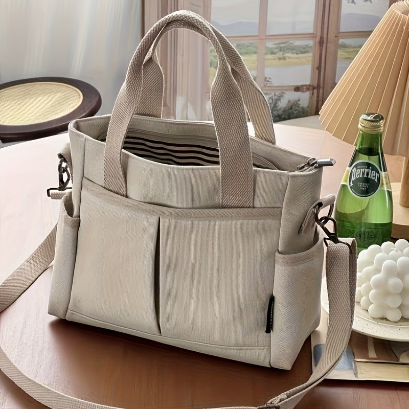 Stylish Small Canvas Tote Bag with Zipper Closure, Leather Accents - Perfect for Commuting and Casual Outings