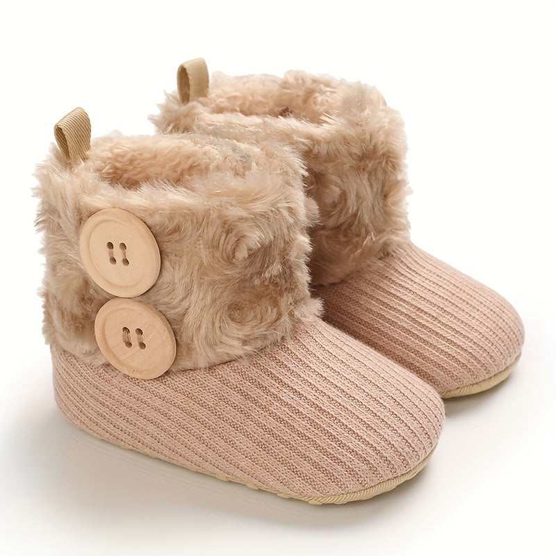 Ankle-High Crib Shoes for Baby Girls - Soft, Warm, Fleece-Lined, Hook-and-Loop Fastener, Round Toe, Platform Heel, Fabric Upper, Indoor Walking Boots for Fall and Winter Season