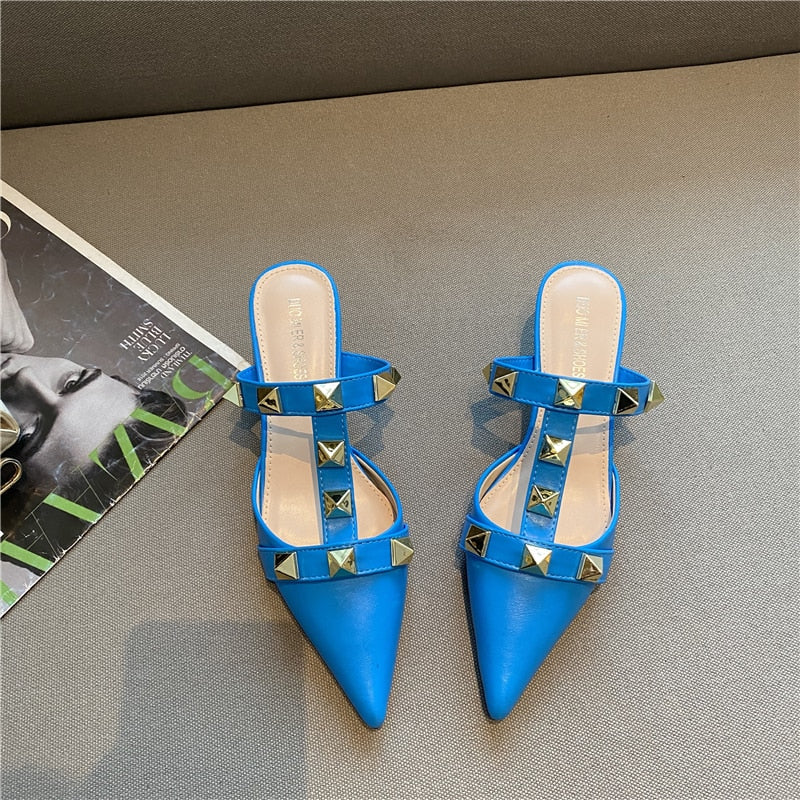 2021 New Rivet Pointed Thin Heel Baotou Half Slipper Female Middle Heel Shallow Mouth Lazy Mueller Shoes