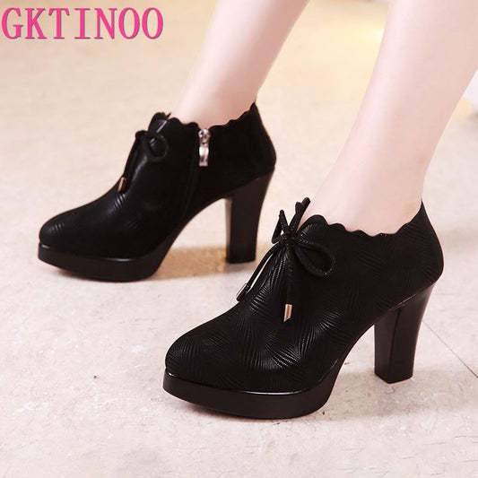 GKTINOO Plus Size 33-43 Block Heel Deep Mouth Platform Pumps Women Shoes 2021 Black High Heels Shoes Ladies Leather Shoe Office