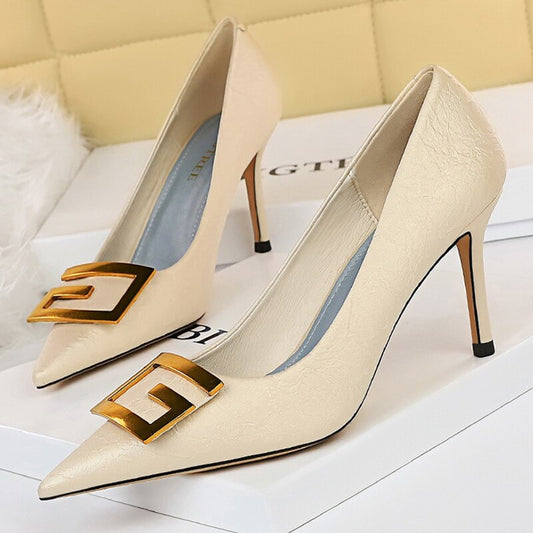 BIGTREE Shoes Metal Square Buckle Women Pumps Fashion Pumps Women High Heels Stiletto 8.5 Cm Elegant Banquet Shoes Women Heels