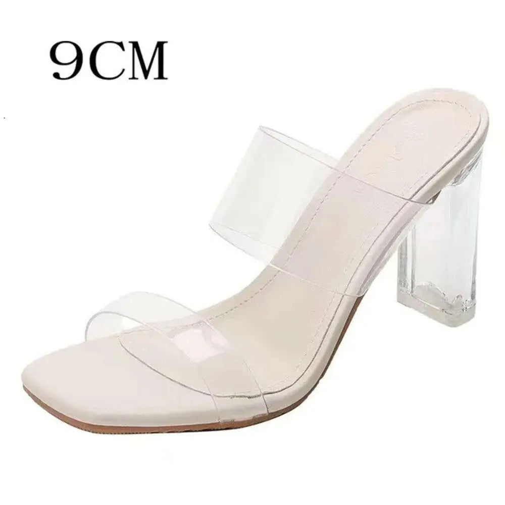 New Fashion High Transparent Sandals Women's Summer Chunky Heels Crystal Slippers Outside Wear Kq8