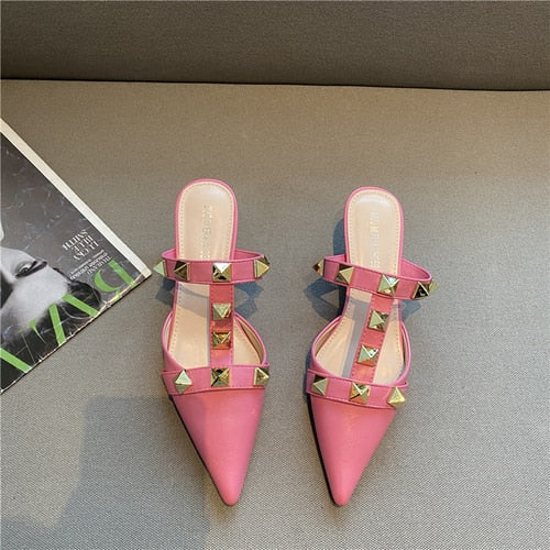 2021 New Rivet Pointed Thin Heel Baotou Half Slipper Female Middle Heel Shallow Mouth Lazy Mueller Shoes