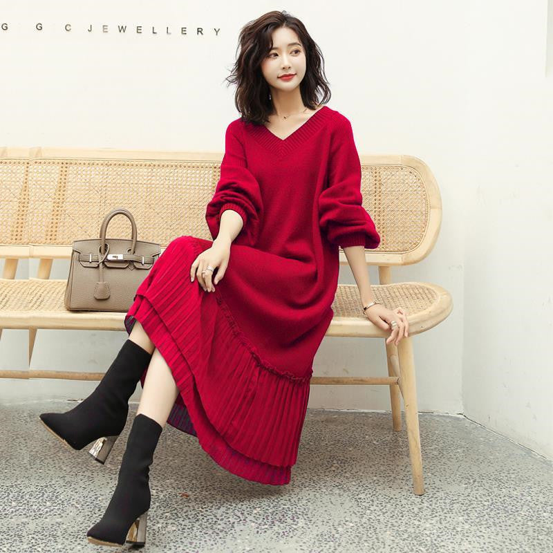 nvxiot  fall outfits korean Autumn Winter 2024 Korean Fashion Knitted Dress Long Sleeve Women Elegant Vintage Casual Knitwear Sweater Dresses Ladies H2723