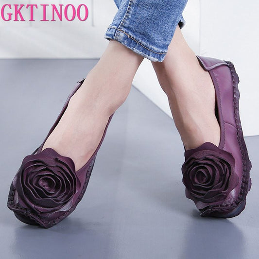 GKTINOO Fashion Flower Design Round Toe Solid Color Flat Shoes Vintage Genuine Leather Women Flats Handmade Women's shoes