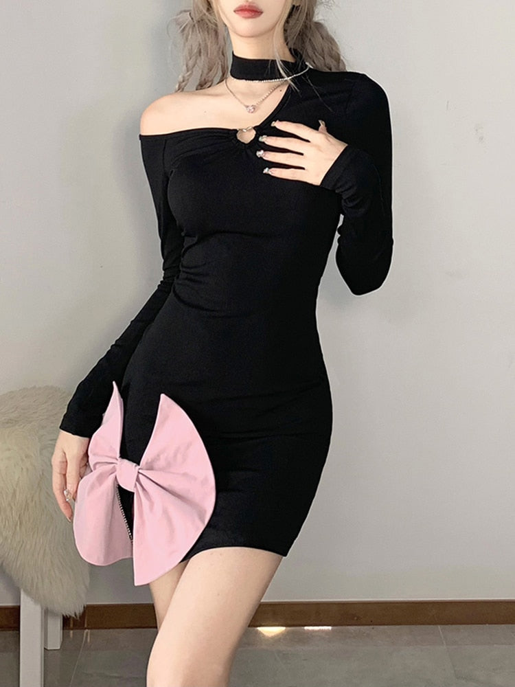 nvxiotCut Out Asymmetrical Neck Bodycon Dress Black Bow Patchwork Cute Sexy Dresses Party Clubwear Long Sleeve Casual Outfit