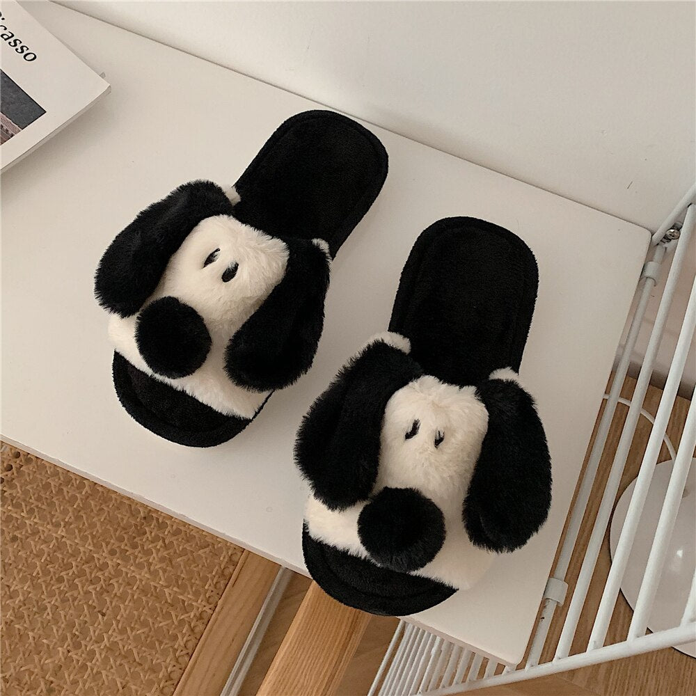 2021 Newest Spring/Autumn Womens Indoor Slippers Short Smooth Plush Dog Style Fluffy Fur Antiskid Home Cotton Flats Shoes