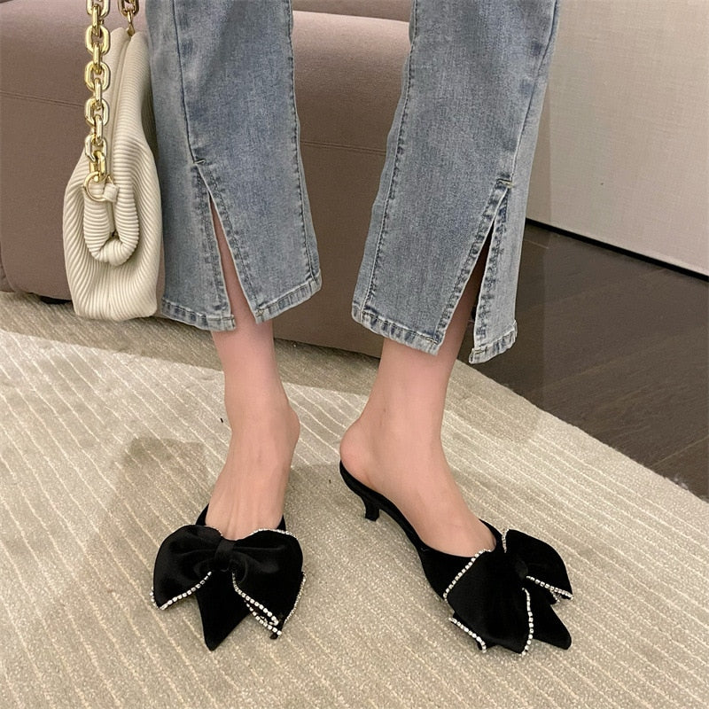 Women Sandals Stiletto Toe Box Rhinestone Bow Women 'S Pointed Toe High Heel Slippers Mules Shoes