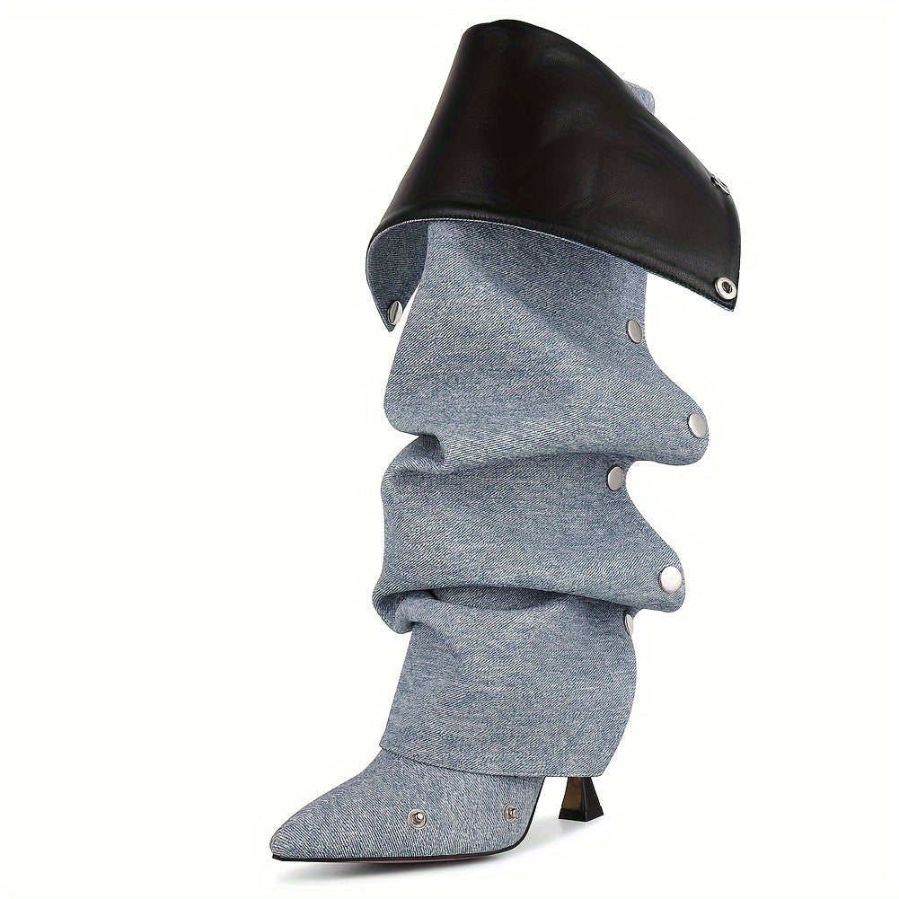 Womens Trendy Slouchy Stiletto Boots - Pointed Toe High Heels with Detachable Zipper - Rear Entry Party & Jeans Companion