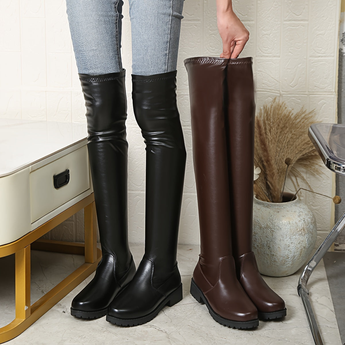 Stylish Over The Knee Boots - Women Shoes - Fashionable Round Toe, Chunky Low Heel, Pull On, Thigh High, Long Leg Boots for Winter