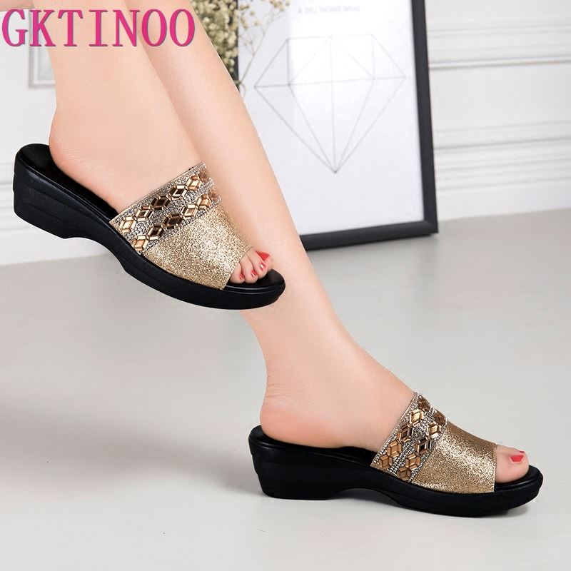 GKTINOO Women Slippers Shoes Genuine Leather Slip on Outside Slides Ladies Fashion Wedges Summer Beach thick sole Flip Flop