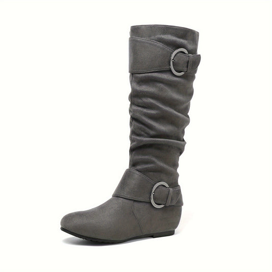 Womens Knee High Low Hidden Wedge Boots Winter Boots Suede Faux Fur Lining Side Zipper Knee High Boots Fashion Autumn Boots Knee Length Boots Comfortable, Perfect With Jeans Dresses Skirts Shorts Women's Versatile Style