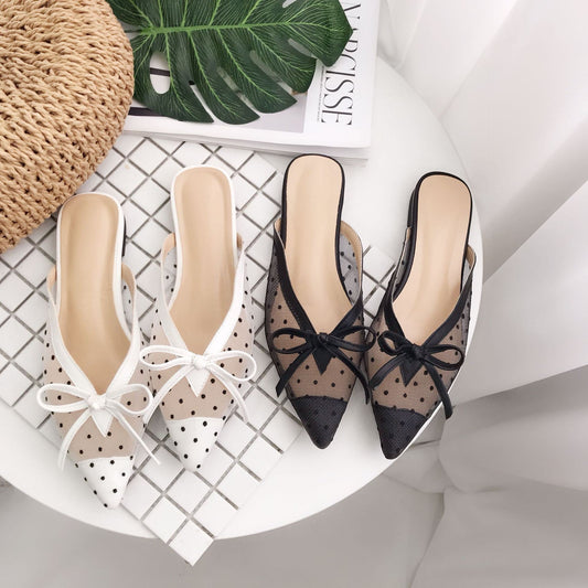 2019 New Korean version of the red lace net yarn wave point pointed flat bottom half drag Muller shoes slippers women