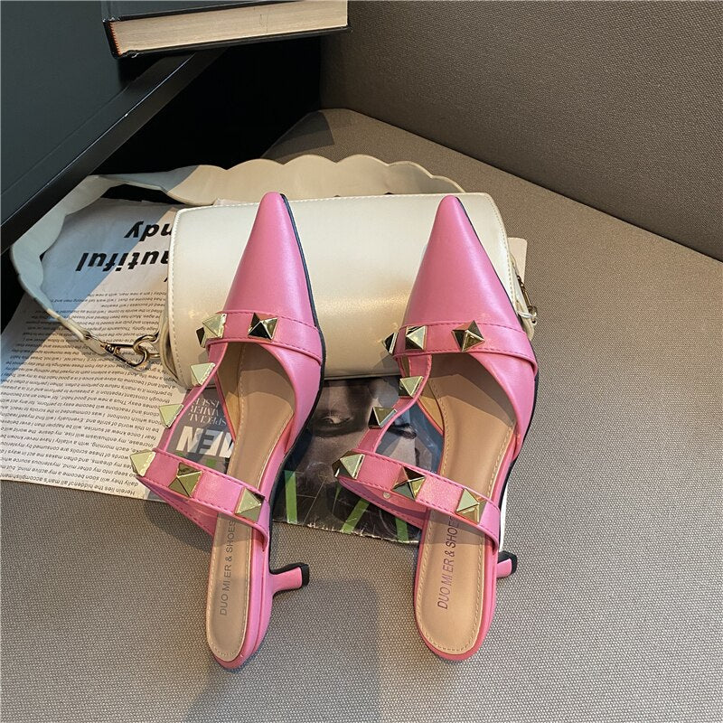 2021 New Rivet Pointed Thin Heel Baotou Half Slipper Female Middle Heel Shallow Mouth Lazy Mueller Shoes