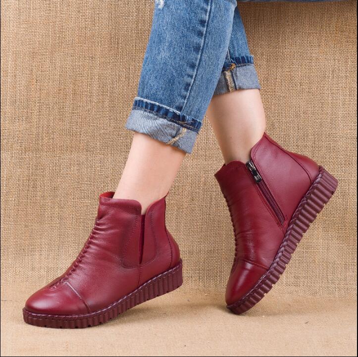 GKTINOO 2021 Winter Genuine Leather Ankle Boots Handmade Lady Soft Flat Shoes Comfortable Casual Moccasins Side Zip Ankle Boots