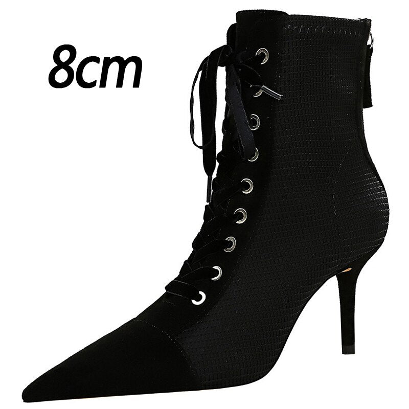 BIGTREE Shoes Women Boots Fashion Stiletto Ladies Ankle Boots Lattice Color Matching Short Boots Pointed Toe High-Heeled Boots