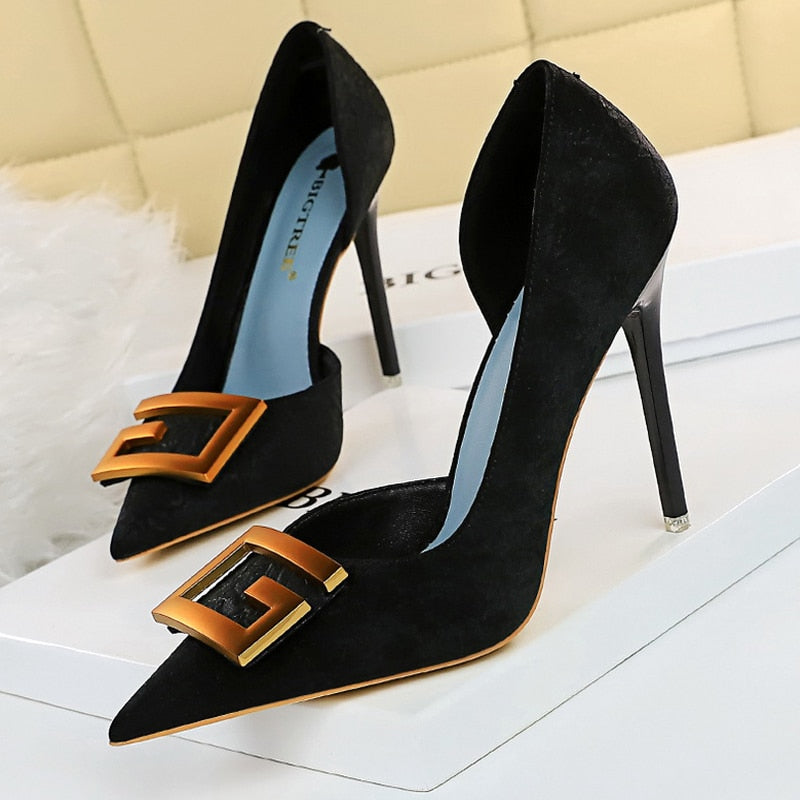 BIGTREE Shoes Red Green Black Woman Pumps Metal Square Buckle Women Heels Sexy Banquet Shoes Pointed Toe Stiletto Plus Size 43