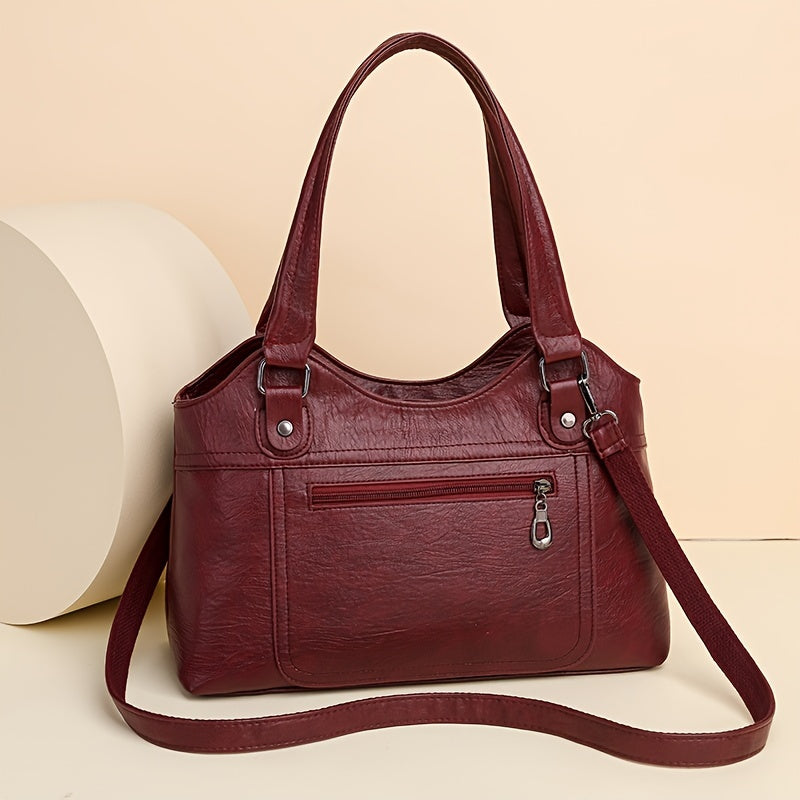 Retro Solid Color Tote Bag, Large Capacity Crossbody Bag, Women's PU Leather Shoulder Bag