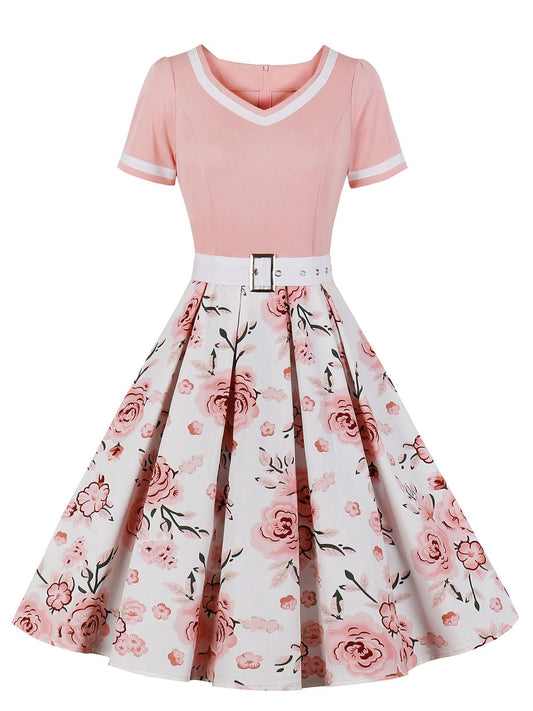 nvxiot 1950s Floral Patchwork Swing Dress