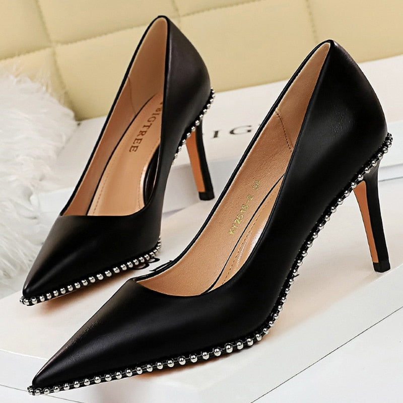 BIGTREE Shoes Rivet Woman Pumps 2021 New High Heels Stiletto Pu Leather Women Heels Sexy Party Shoes Female Heel Plus Size 43